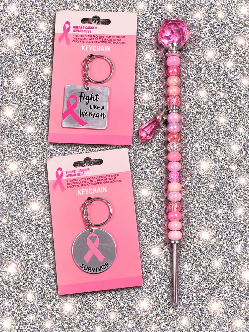 Breast Cancer Awareness Light Pink Beaded Sun Catcher & 2 Keychains Set